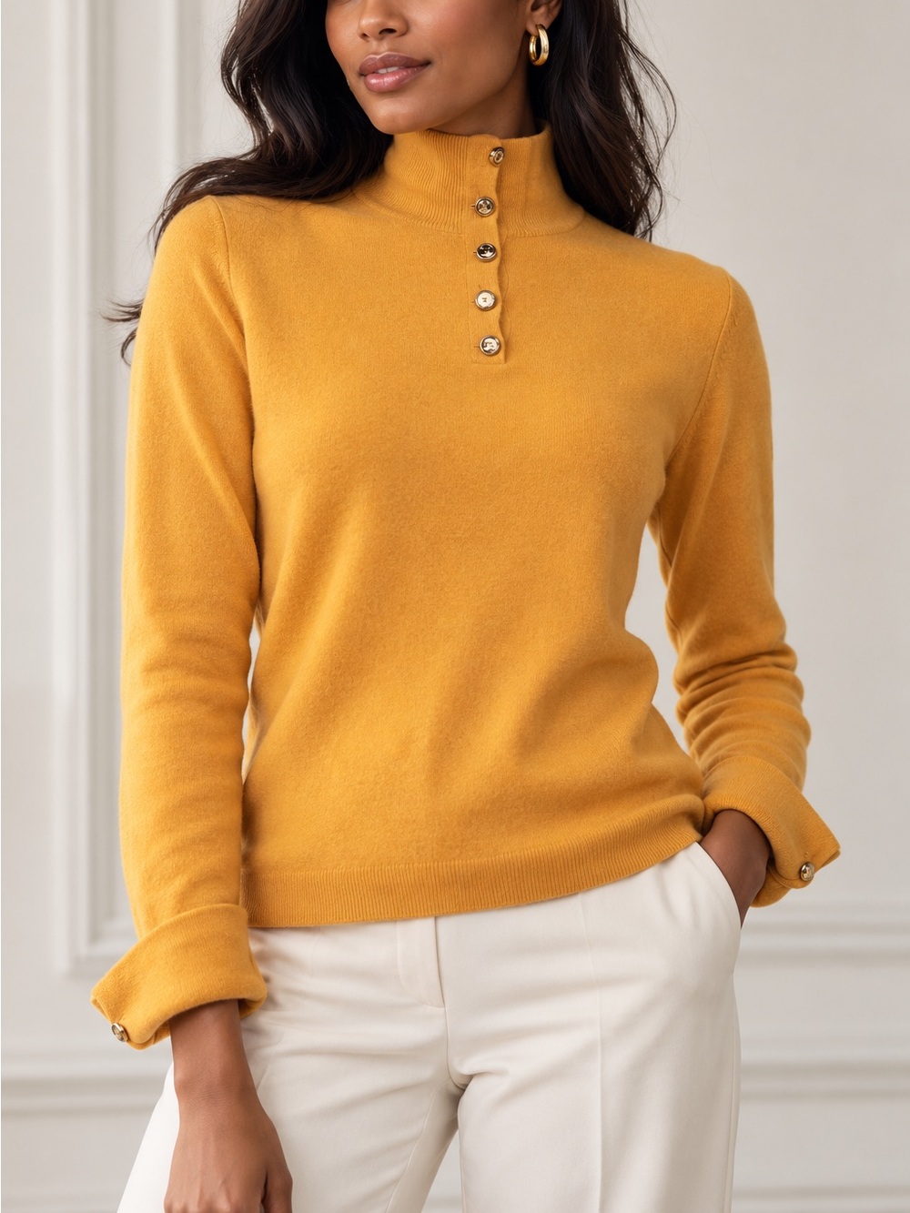 Chanel Vintage 1996 Cashmere Mock Neck Sweater Yellow Gold CC Buttons S